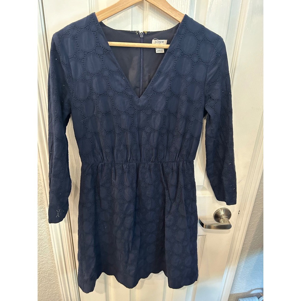 J.Crew Dress Navy Blue Circle Eyelet V-Neck Long Sleeve Scallop Hem Fit & Flare